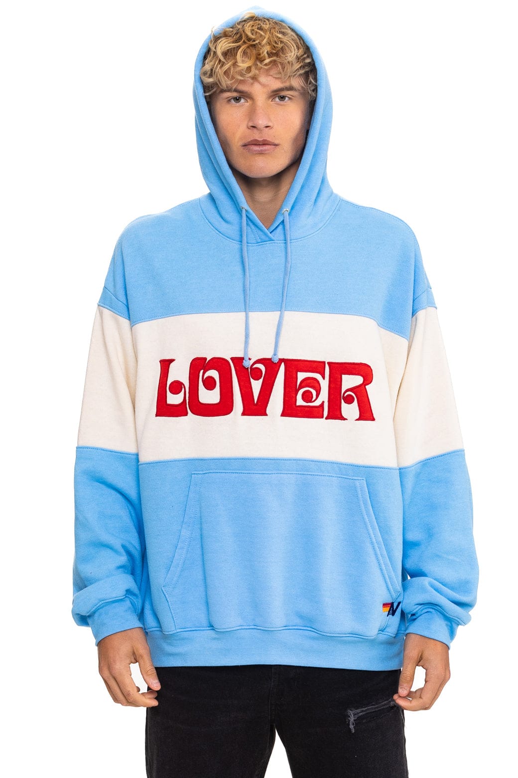 LOVER EMBROIDERY COLOR BLOCK PULLOVER HOODIE RELAXED - SKY VINTAGE WHITE