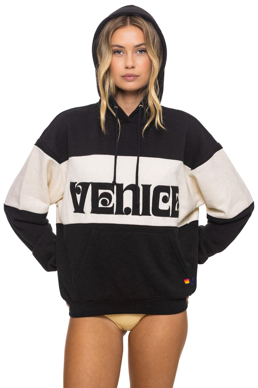 VENICE EMBROIDERY COLOR BLOCK PULLOVER HOODIE RELAXED - BLACK VINTAGE WHITE