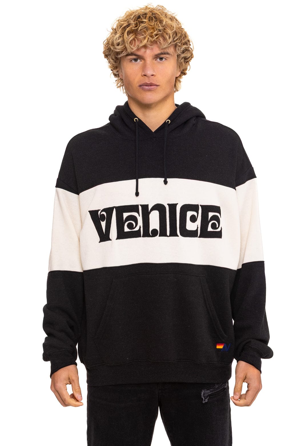VENICE EMBROIDERY COLOR BLOCK PULLOVER HOODIE RELAXED - BLACK VINTAGE WHITE