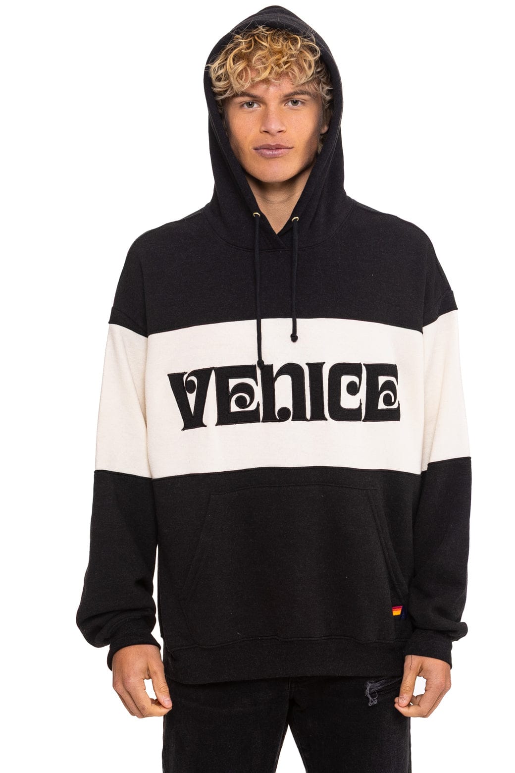 VENICE EMBROIDERY COLOR BLOCK PULLOVER HOODIE RELAXED - BLACK VINTAGE WHITE