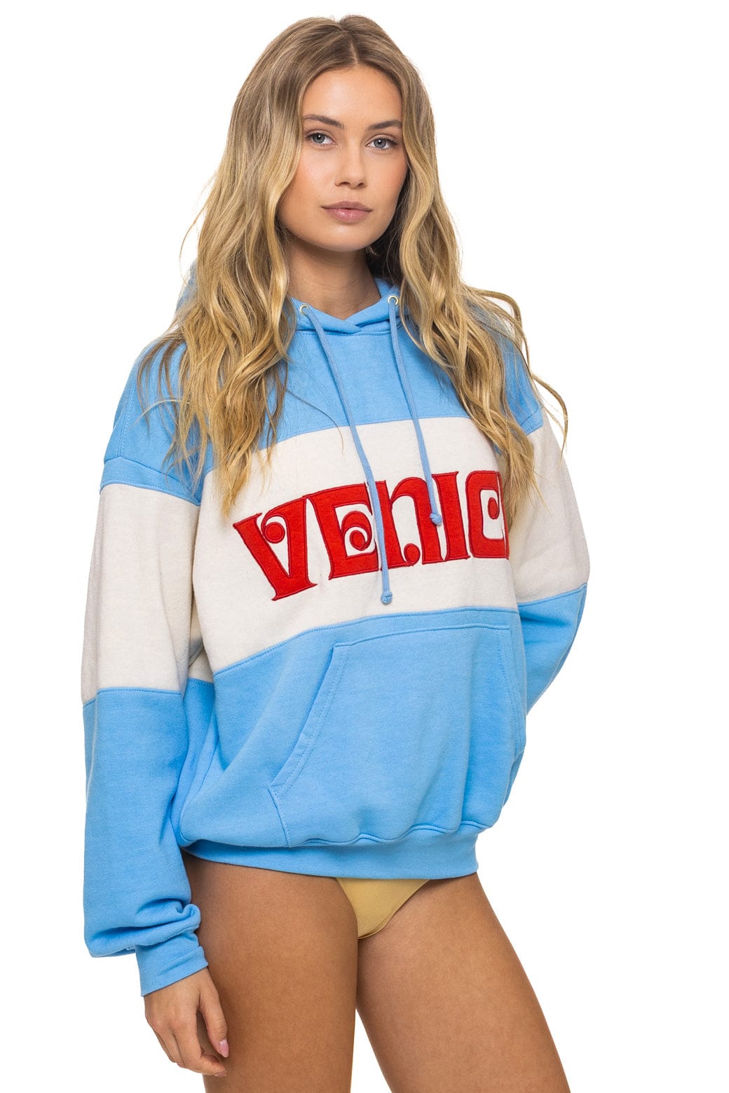 VENICE EMBROIDERY COLOR BLOCK PULLOVER HOODIE RELAXED - SKY VINTAGE WHITE