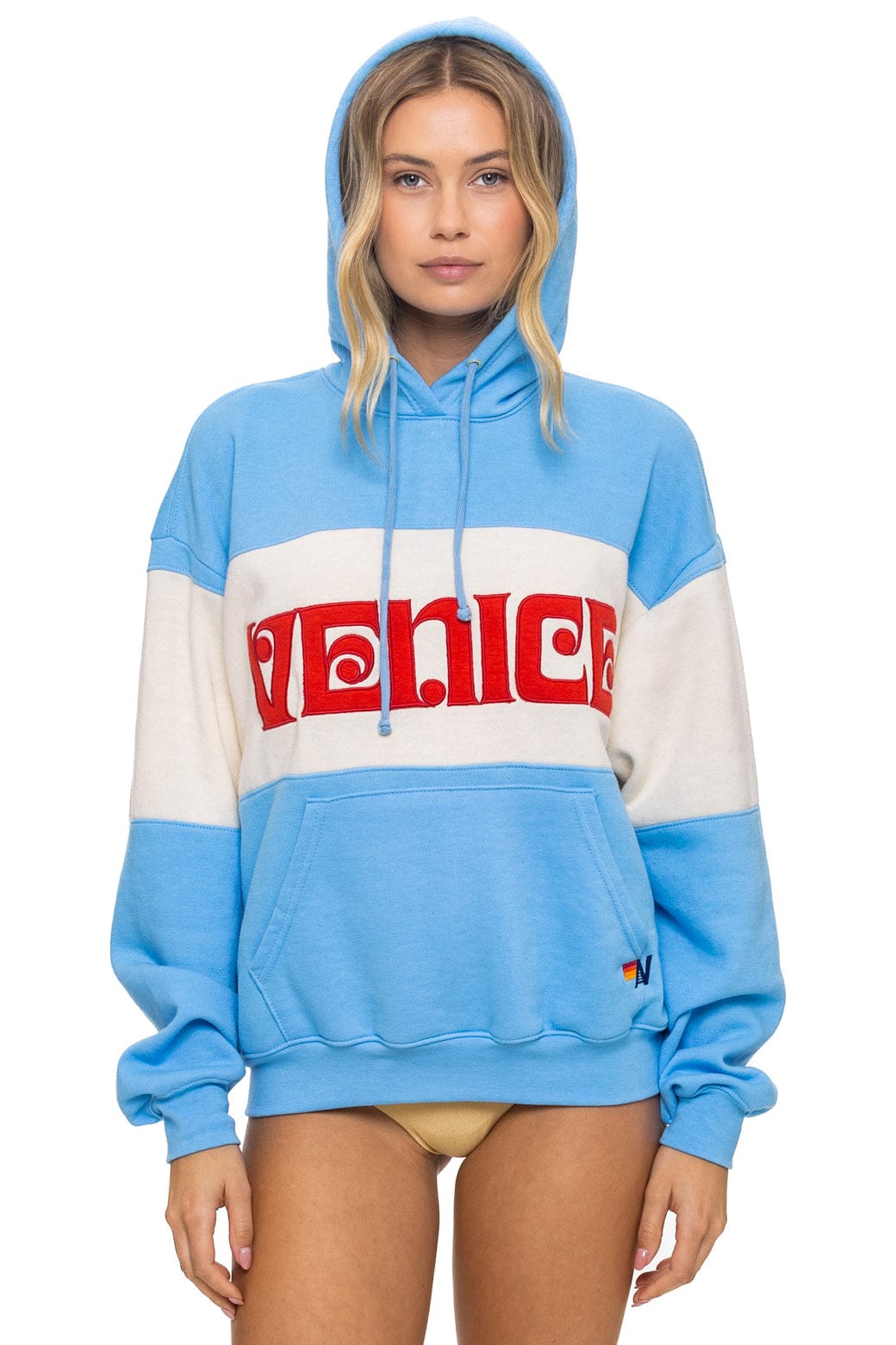 VENICE EMBROIDERY COLOR BLOCK PULLOVER HOODIE RELAXED - SKY VINTAGE WHITE