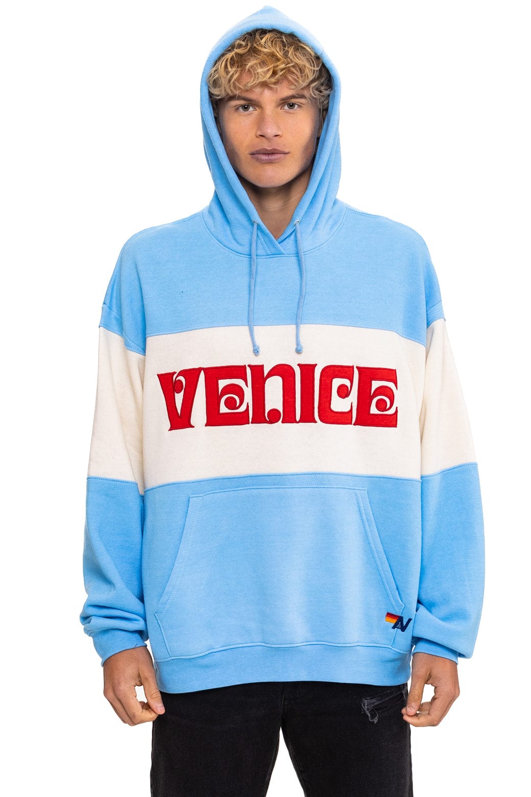 VENICE EMBROIDERY COLOR BLOCK PULLOVER HOODIE RELAXED - SKY VINTAGE WHITE