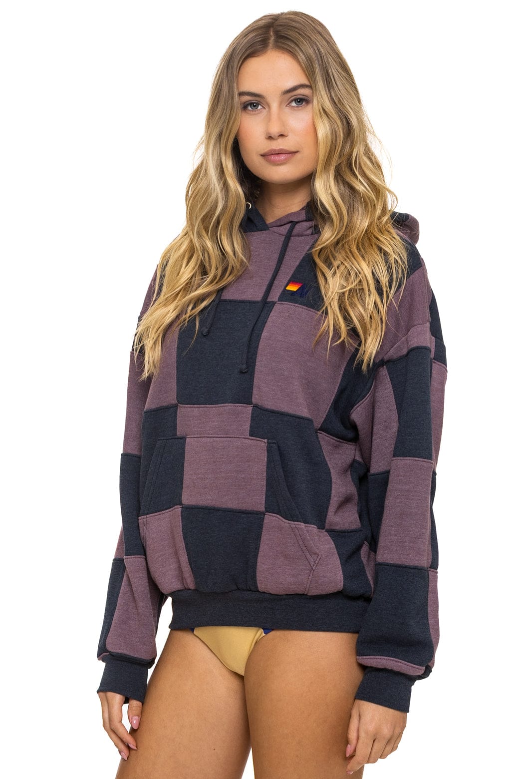 CHECK QUILT RELAXED PULLOVER HOODIE - CHARCOAL MOCHA