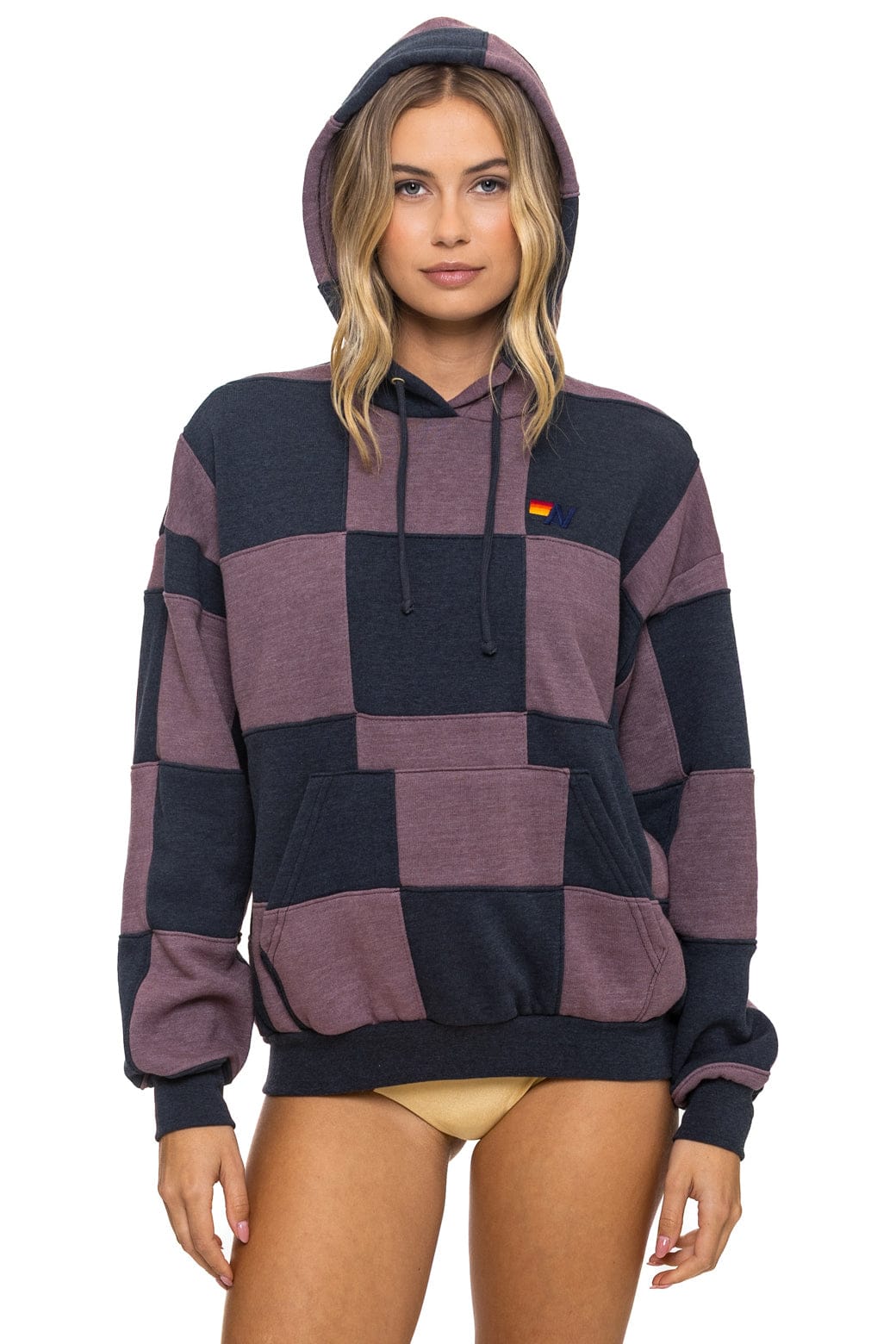 CHECK QUILT RELAXED PULLOVER HOODIE - CHARCOAL MOCHA