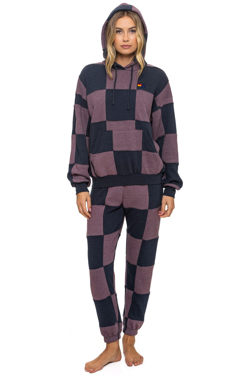 CHECK QUILT RELAXED PULLOVER HOODIE - CHARCOAL MOCHA