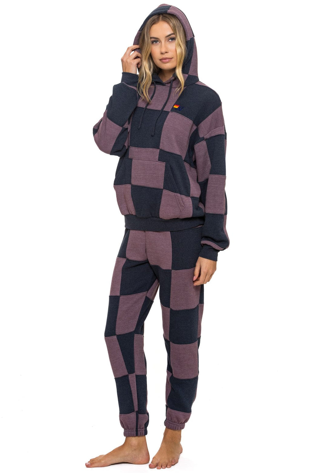 CHECK QUILT RELAXED PULLOVER HOODIE - CHARCOAL MOCHA