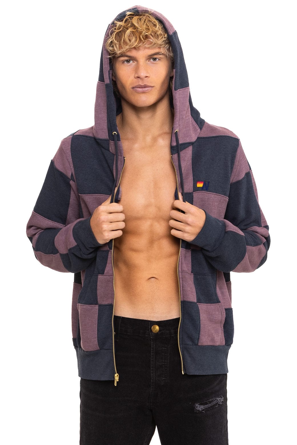 CHECK QUILT ZIP HOODIE - CHARCOAL MOCHA
