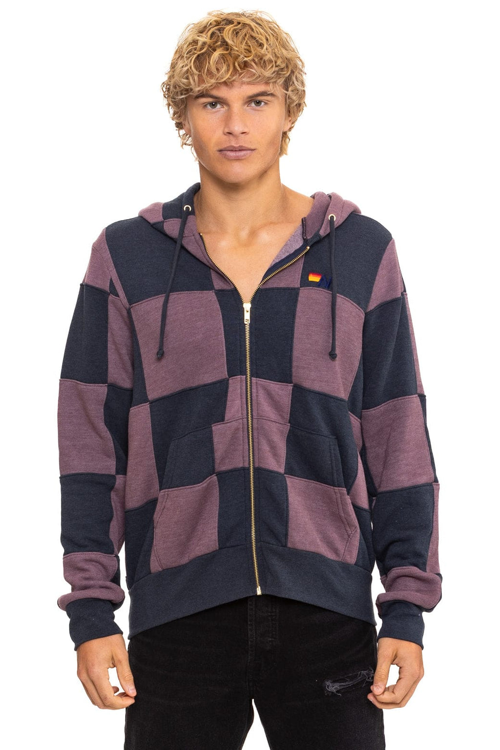 CHECK QUILT ZIP HOODIE - CHARCOAL MOCHA
