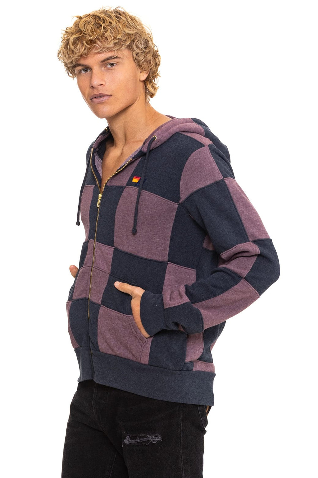 CHECK QUILT ZIP HOODIE - CHARCOAL MOCHA