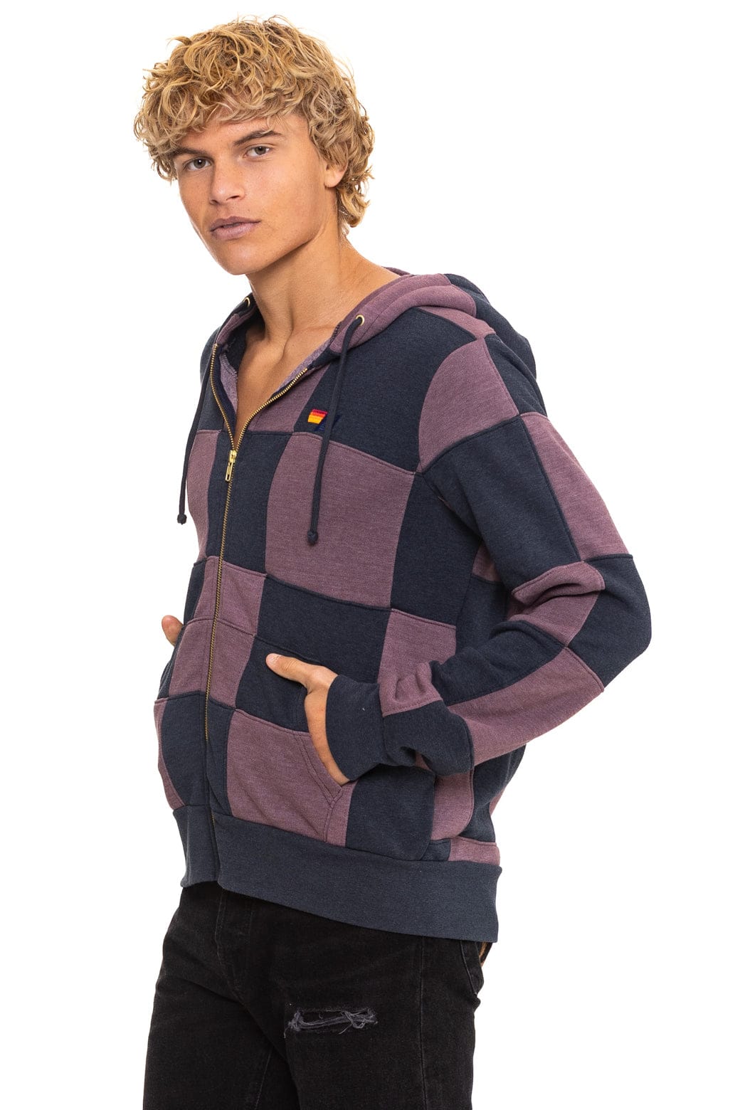 CHECK QUILT ZIP HOODIE - CHARCOAL MOCHA
