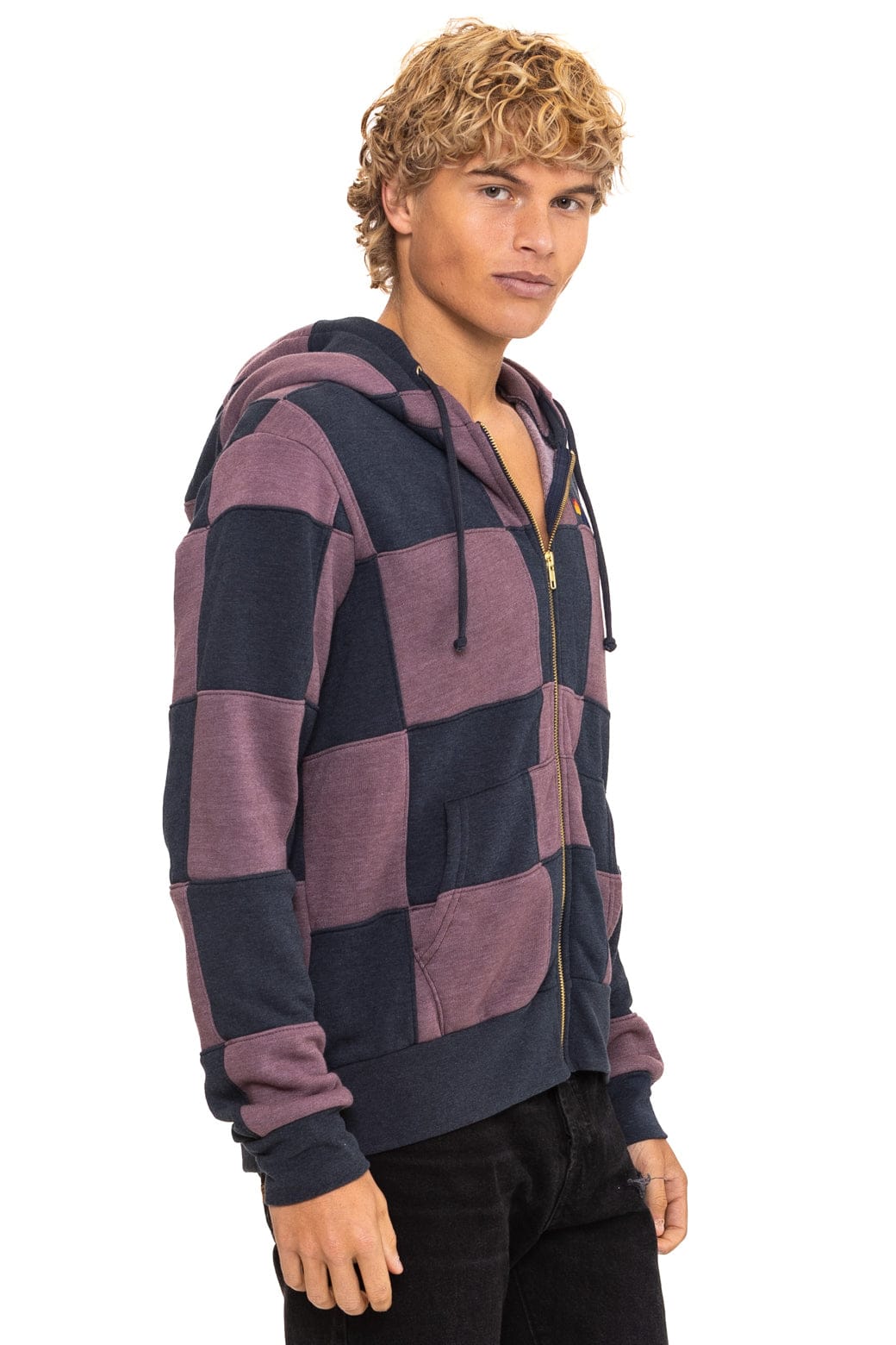 CHECK QUILT ZIP HOODIE - CHARCOAL MOCHA