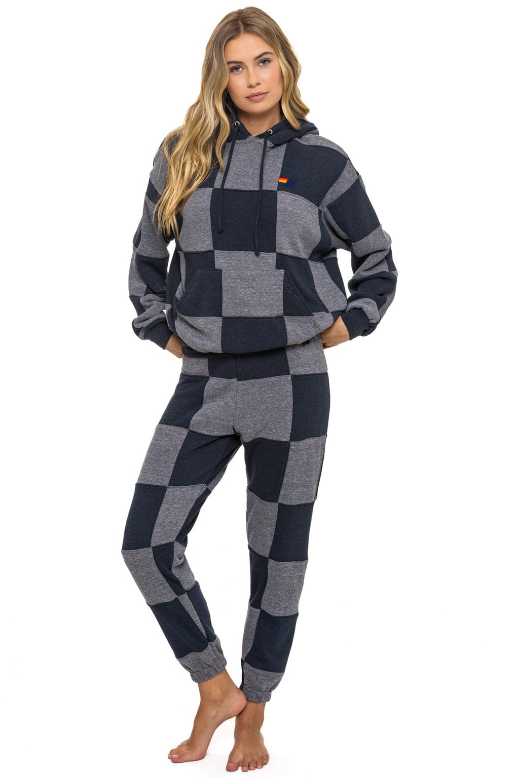 CHECK QUILT RELAXED PULLOVER HOODIE - HEATHER CHARCOAL