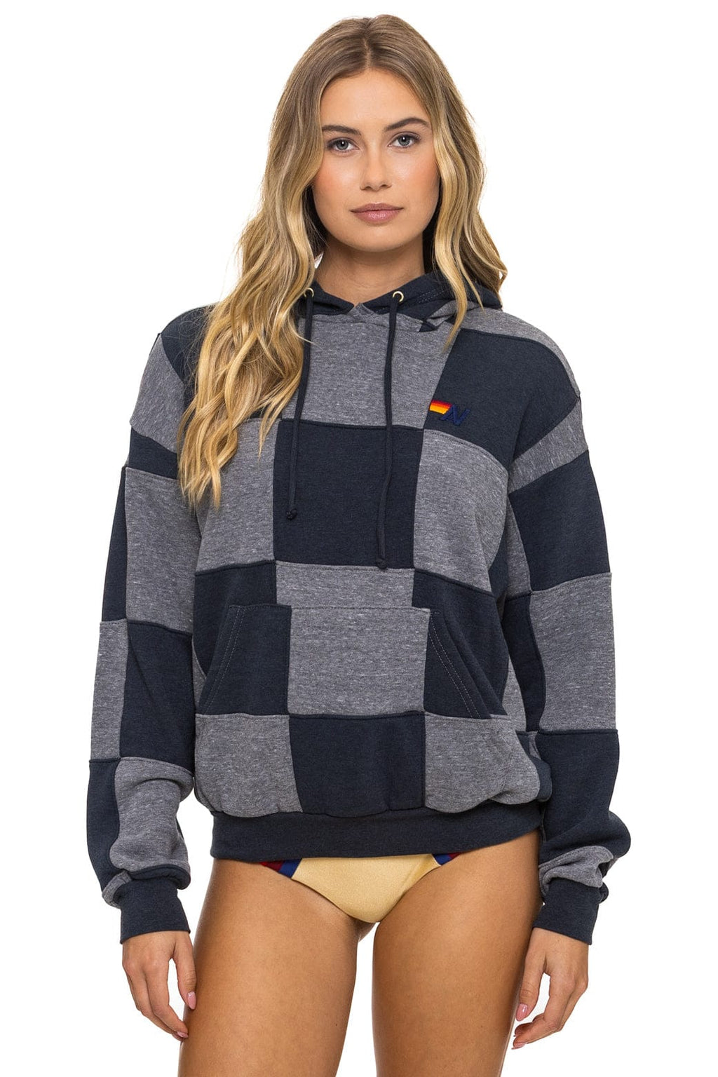 CHECK QUILT RELAXED PULLOVER HOODIE - HEATHER CHARCOAL
