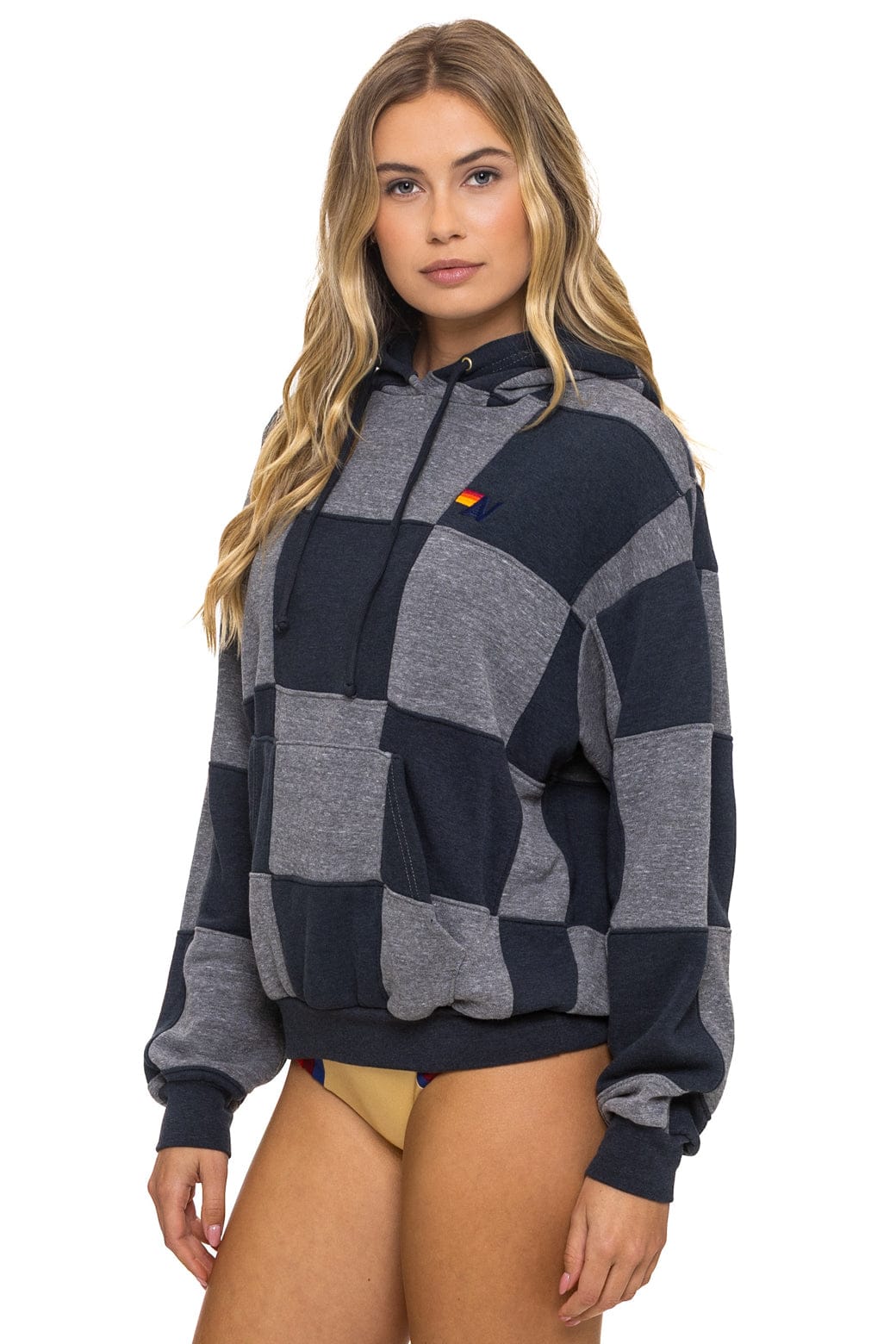 CHECK QUILT RELAXED PULLOVER HOODIE - HEATHER CHARCOAL