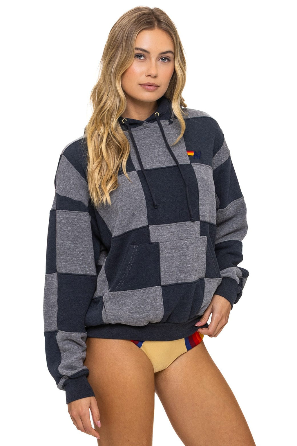 CHECK QUILT RELAXED PULLOVER HOODIE - HEATHER CHARCOAL
