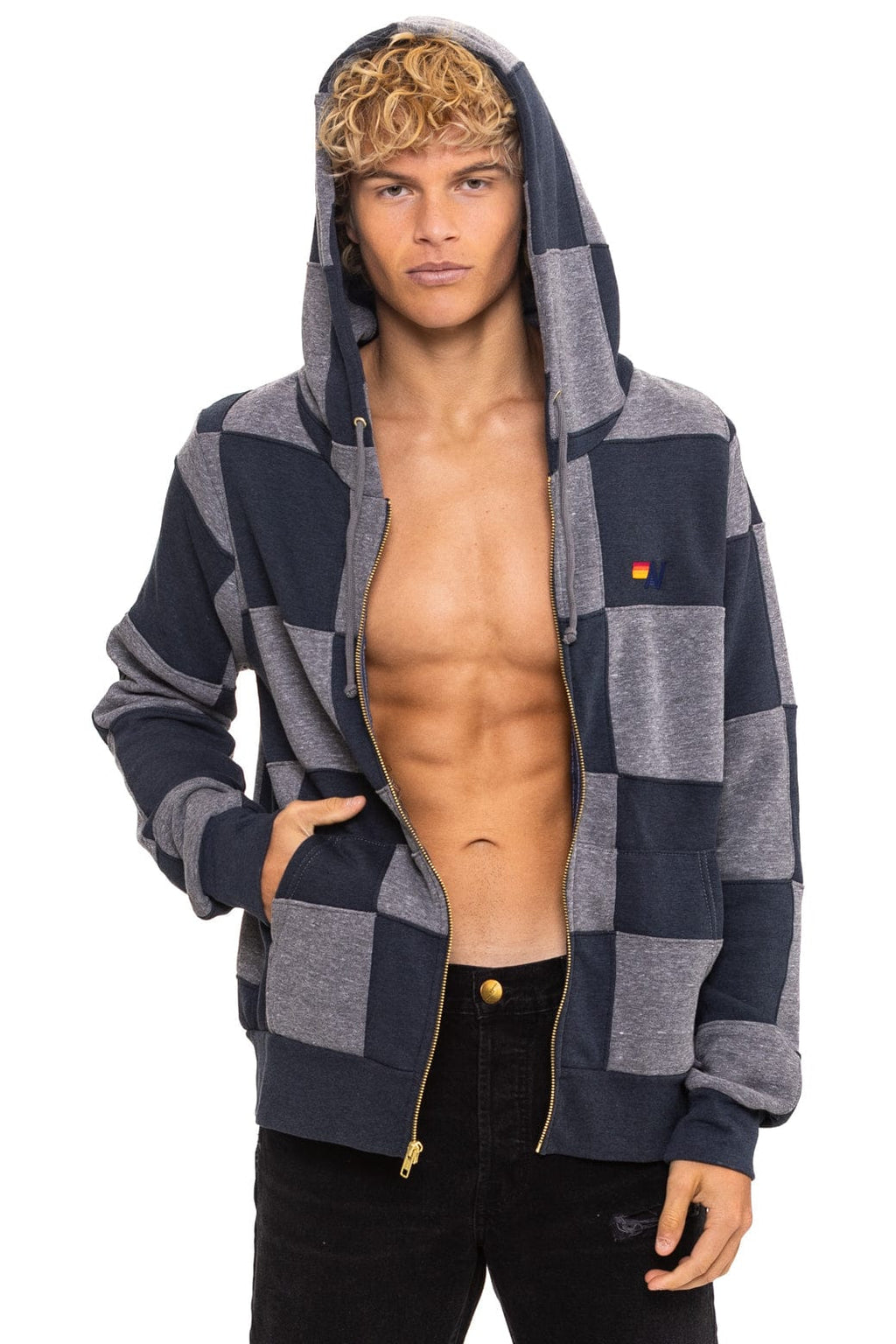 CHECK QUILT ZIP HOODIE - HEATHER CHARCOAL