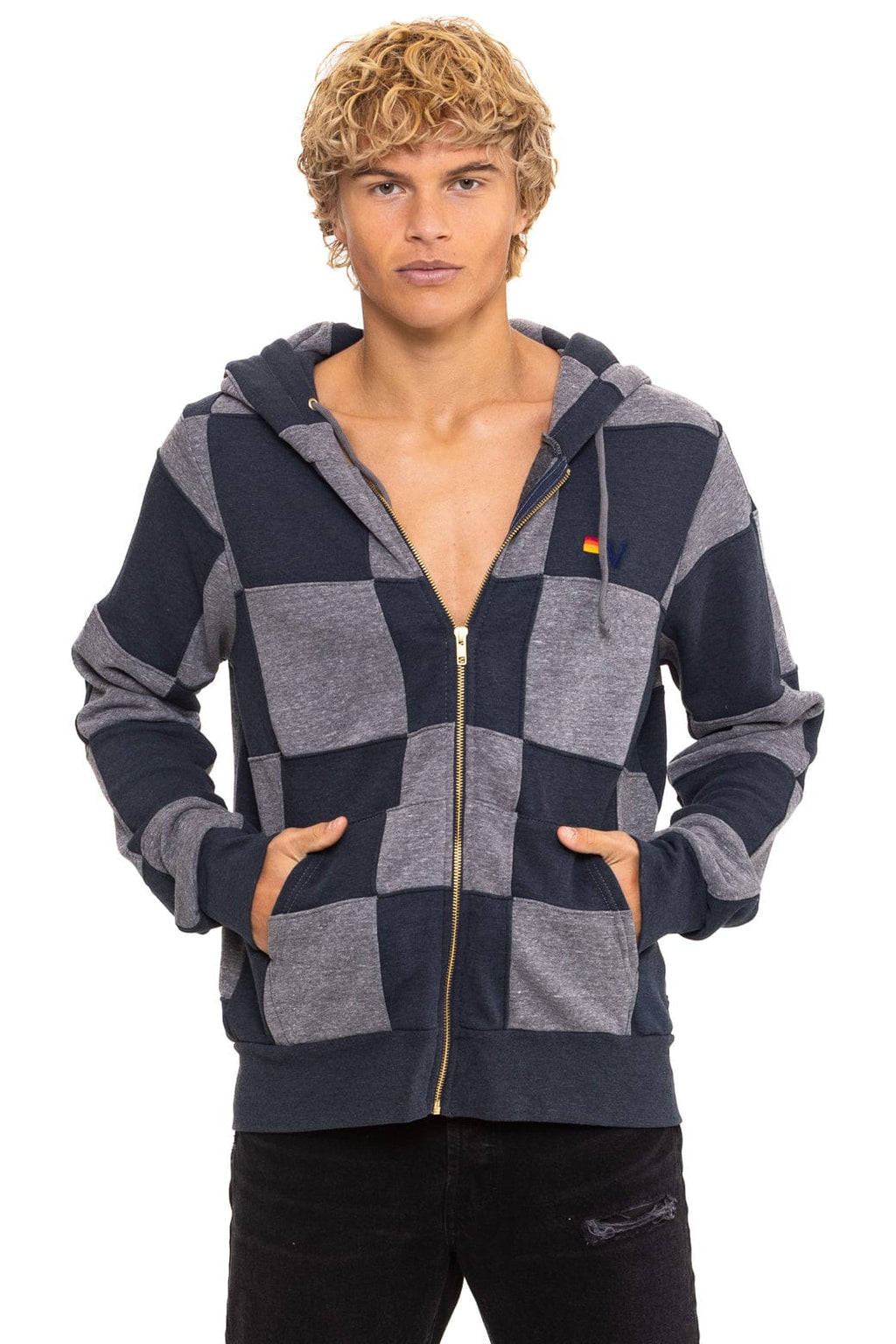 CHECK QUILT ZIP HOODIE - HEATHER CHARCOAL