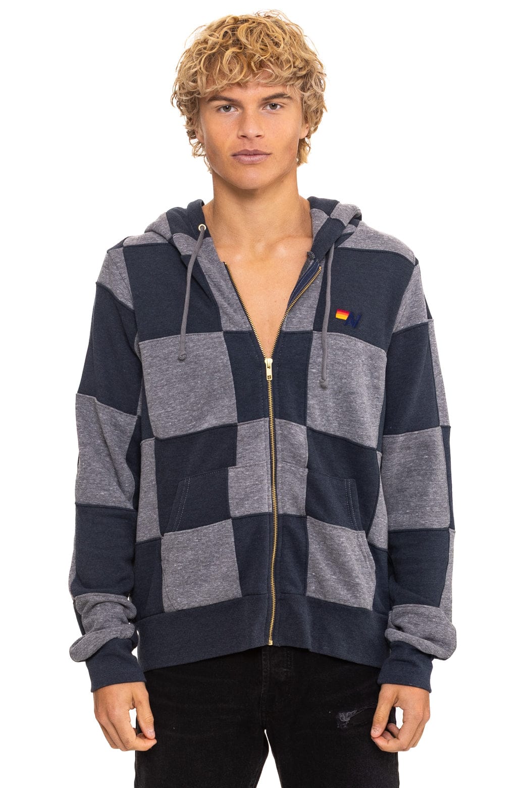 CHECK QUILT ZIP HOODIE - HEATHER CHARCOAL