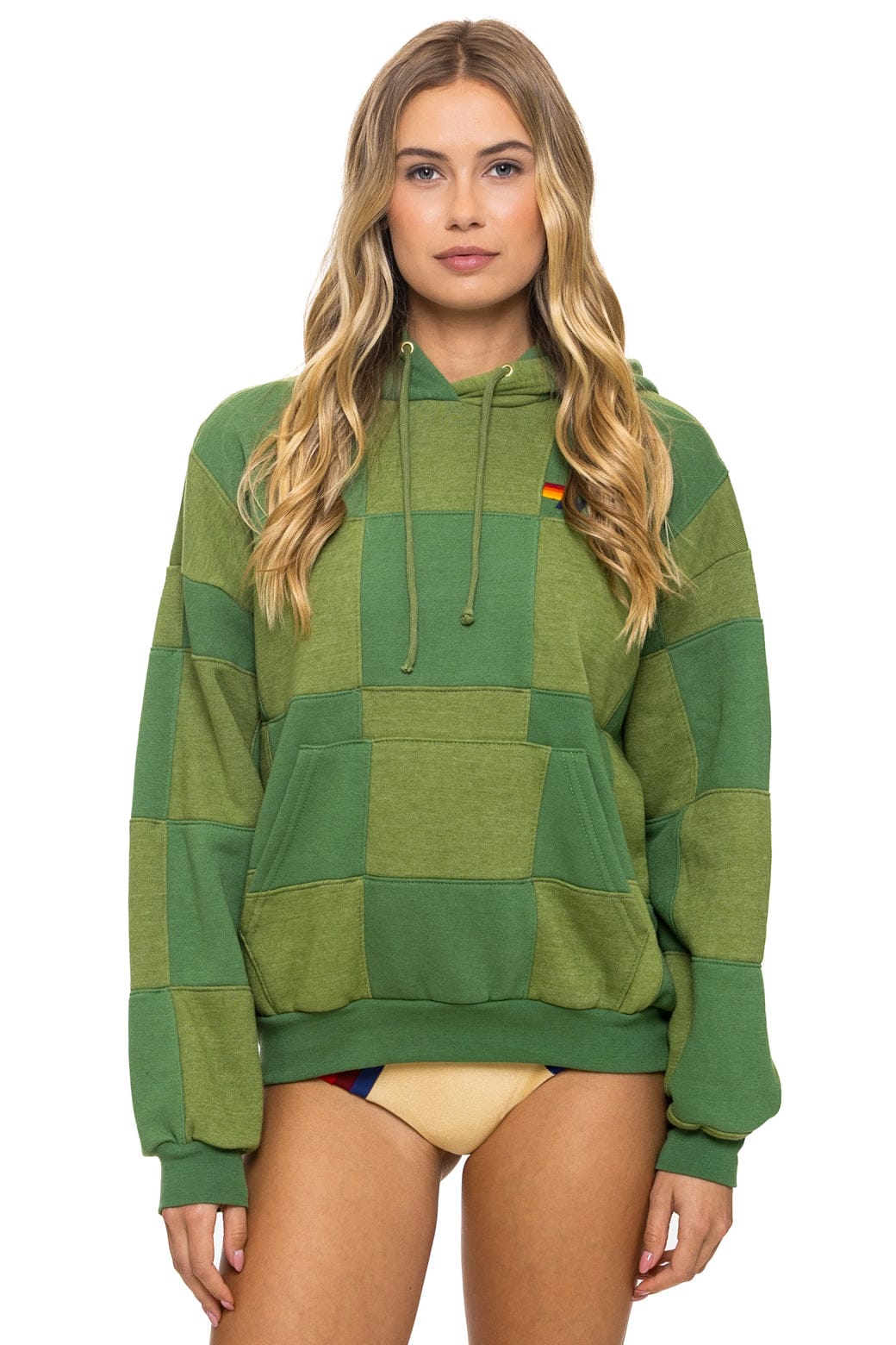 CHECK QUILT RELAXED PULLOVER HOODIE - JUNGLE GREEN PALM