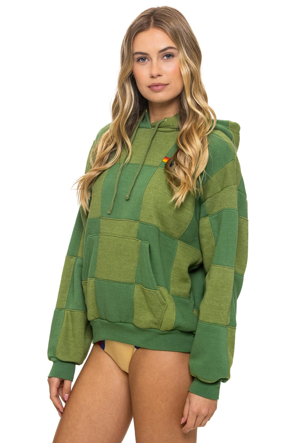 CHECK QUILT RELAXED PULLOVER HOODIE - JUNGLE GREEN PALM