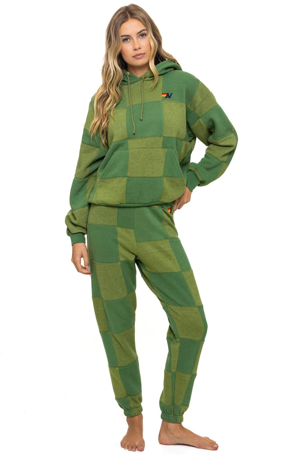 CHECK QUILT RELAXED PULLOVER HOODIE - JUNGLE GREEN PALM