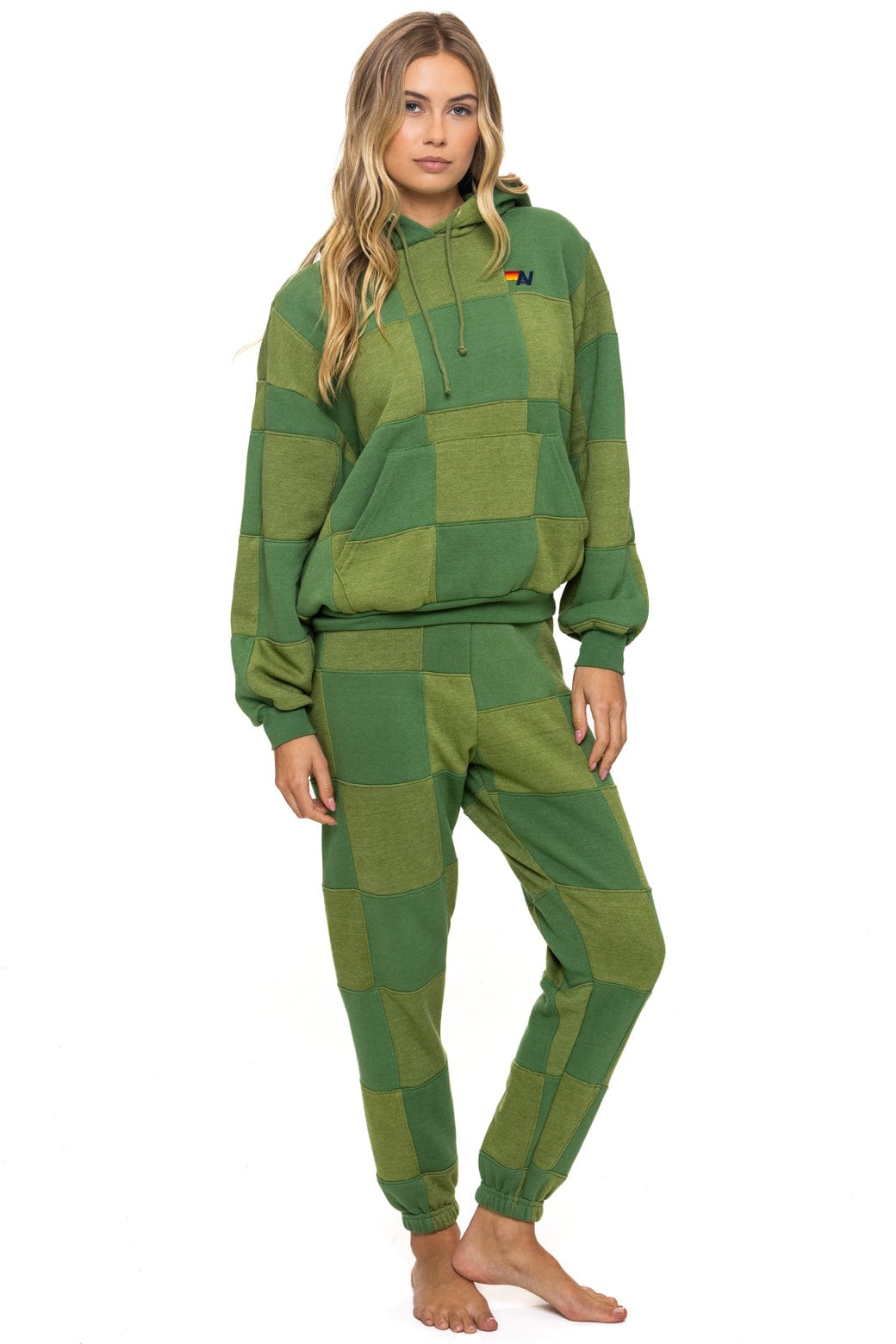 CHECK QUILT RELAXED PULLOVER HOODIE - JUNGLE GREEN PALM