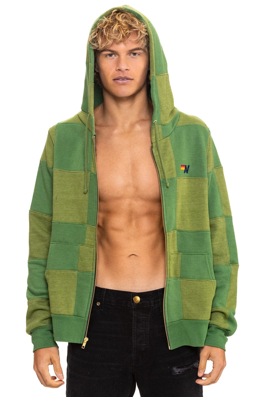 CHECK QUILT ZIP HOODIE - JUNGLE GREEN PALM