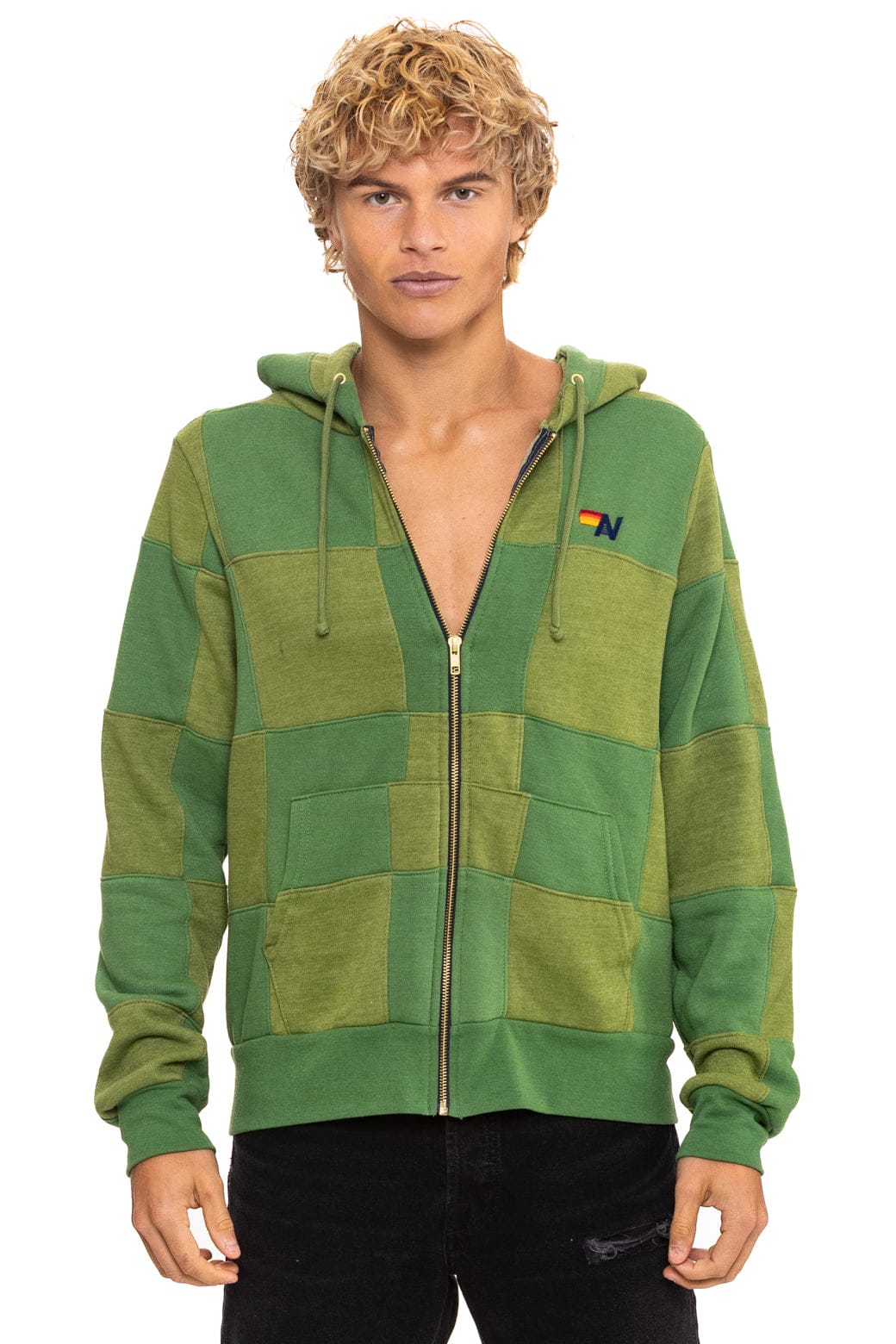CHECK QUILT ZIP HOODIE - JUNGLE GREEN PALM