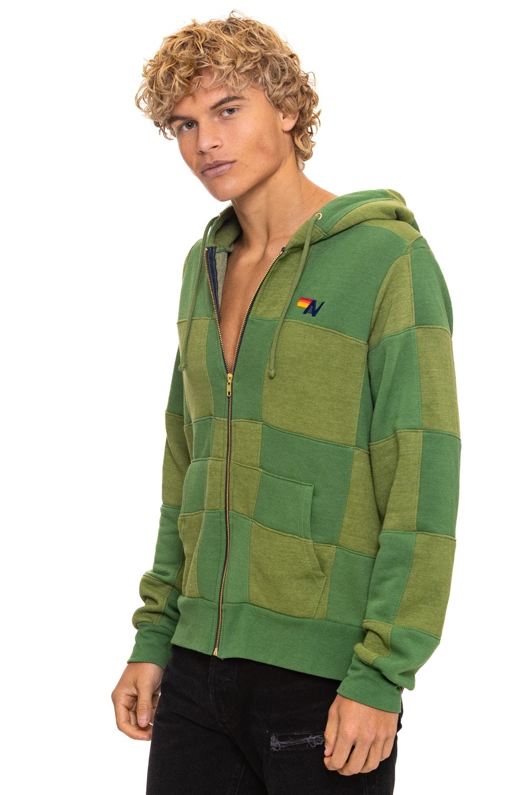 CHECK QUILT ZIP HOODIE - JUNGLE GREEN PALM