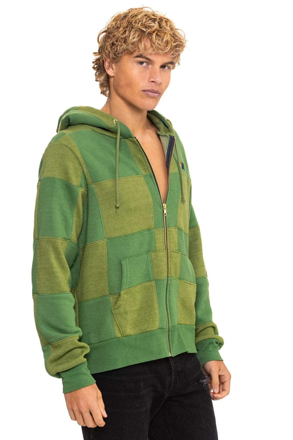 CHECK QUILT ZIP HOODIE - JUNGLE GREEN PALM