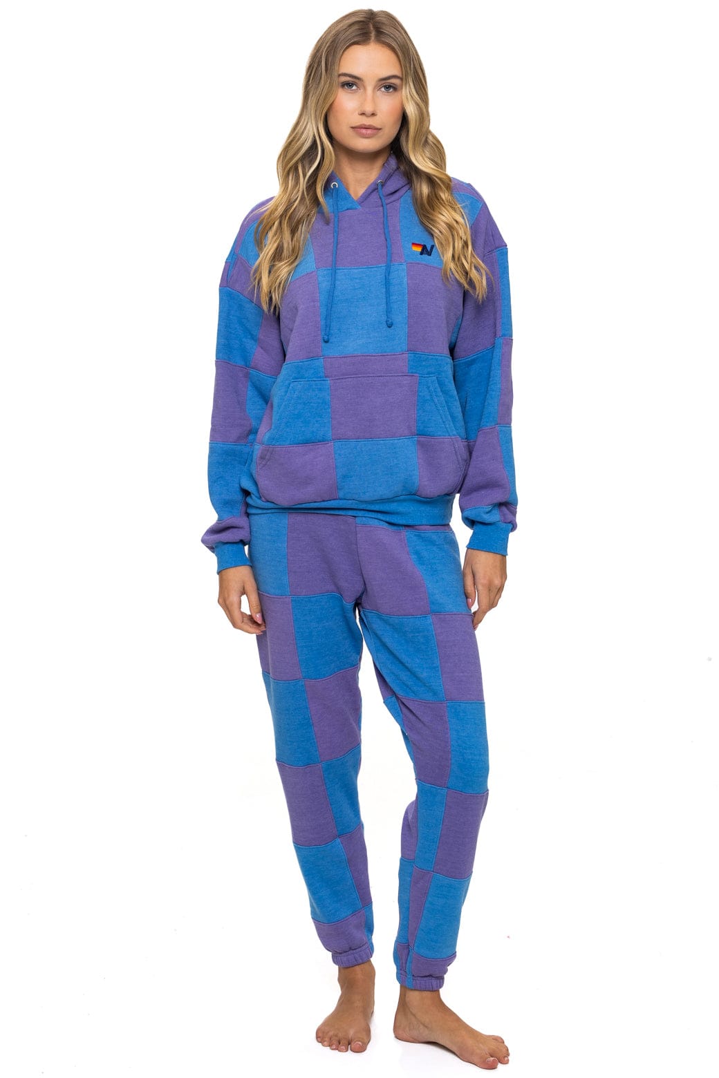 CHECK QUILT RELAXED PULLOVER HOODIE - LAVENDER OCEAN
