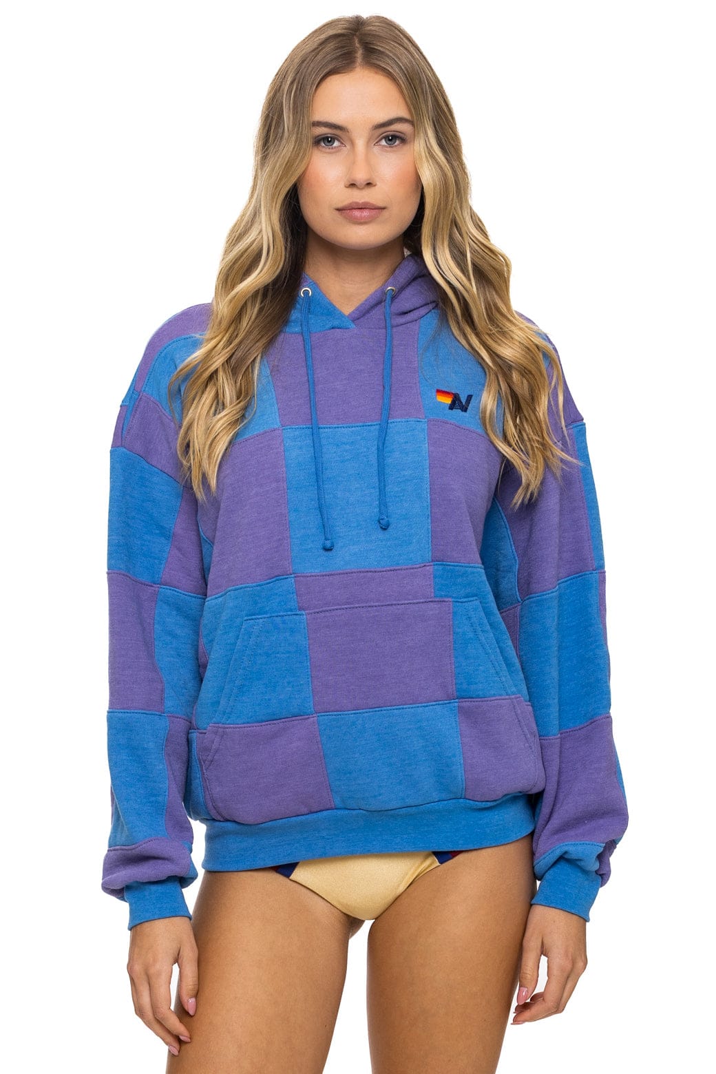 CHECK QUILT RELAXED PULLOVER HOODIE - LAVENDER OCEAN