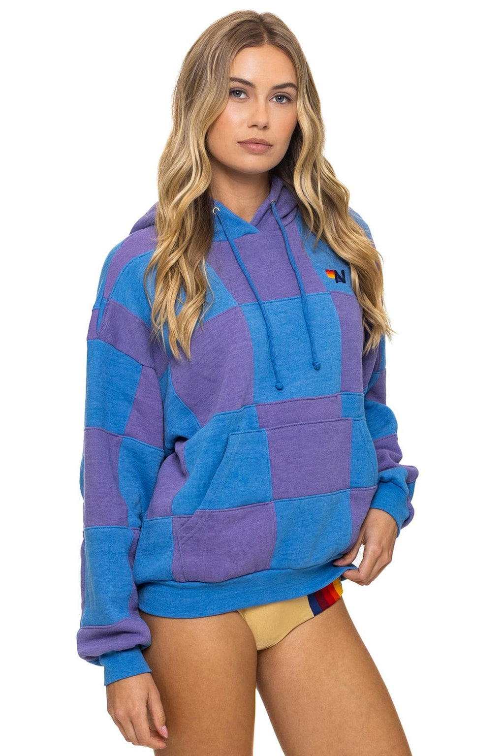 CHECK QUILT RELAXED PULLOVER HOODIE - LAVENDER OCEAN