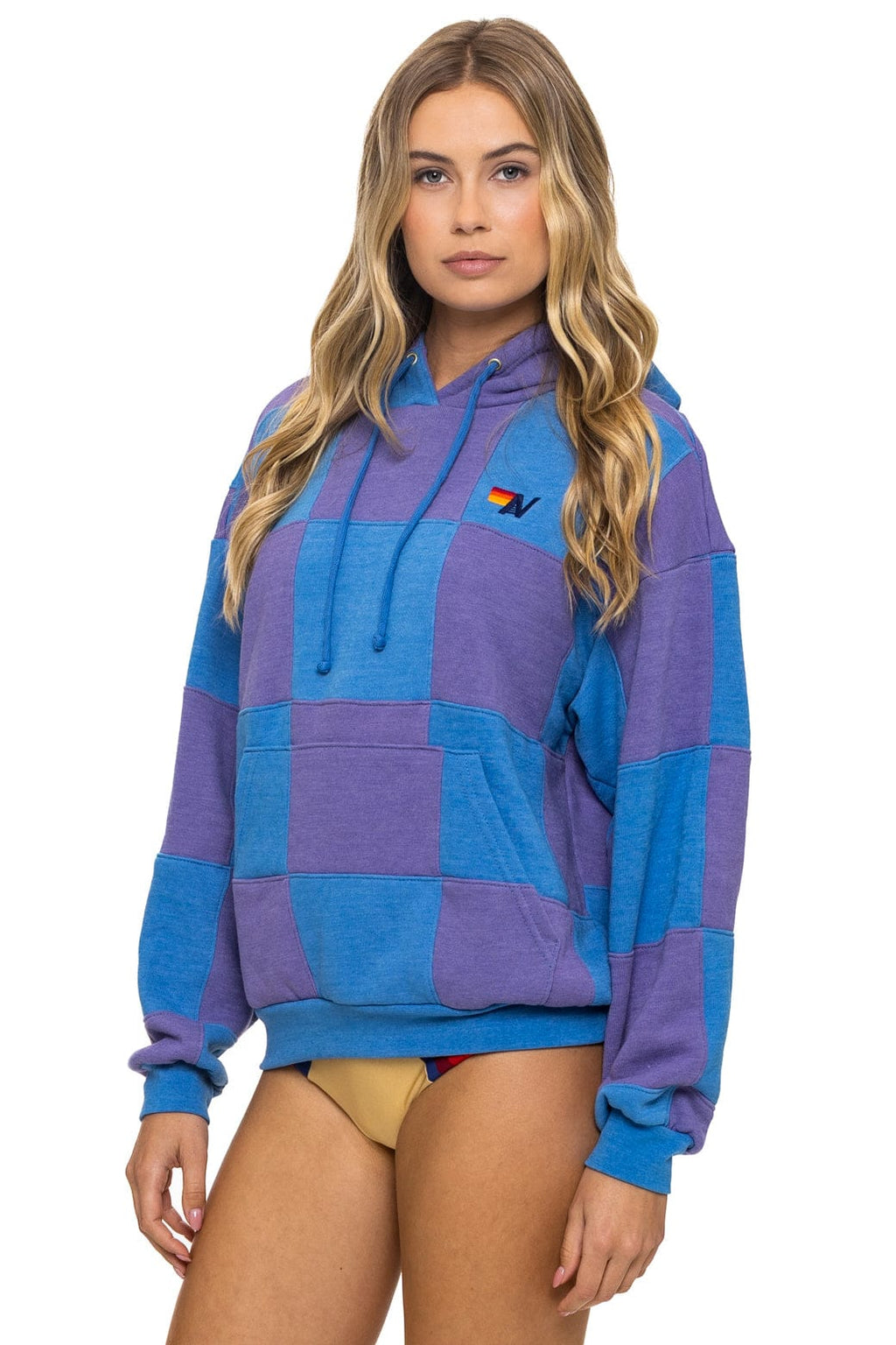 CHECK QUILT RELAXED PULLOVER HOODIE - LAVENDER OCEAN