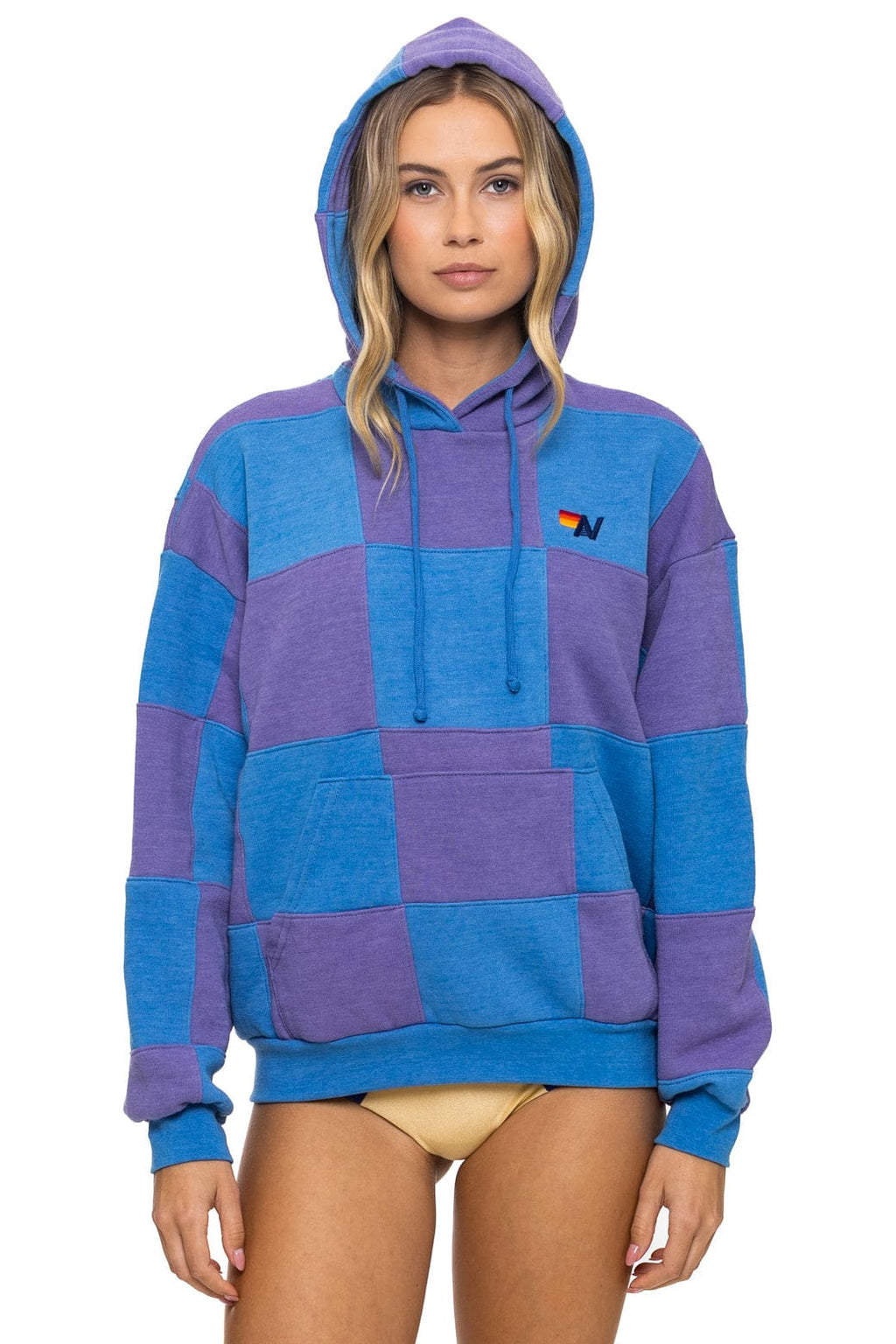 CHECK QUILT RELAXED PULLOVER HOODIE - LAVENDER OCEAN