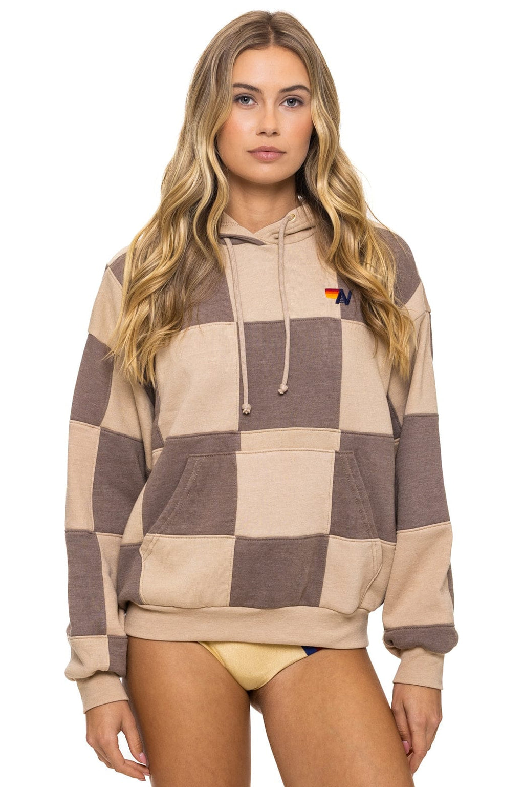 CHECK QUILT RELAXED PULLOVER HOODIE - SAND TAUPE