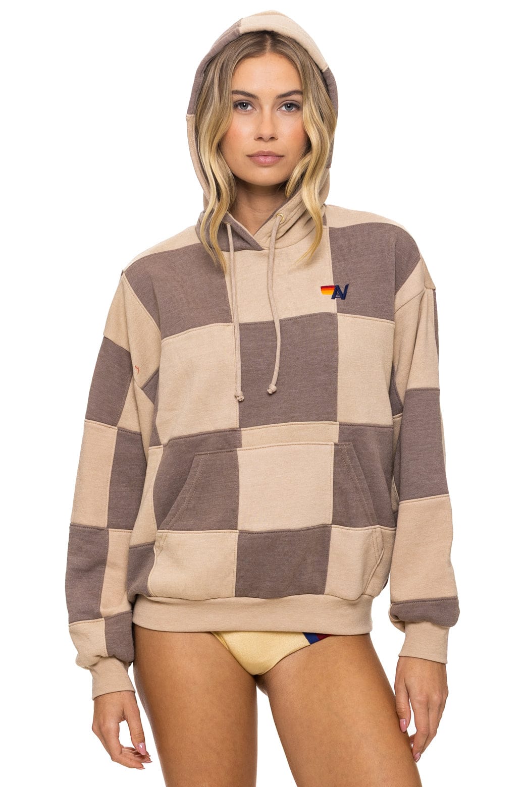 CHECK QUILT RELAXED PULLOVER HOODIE - SAND TAUPE