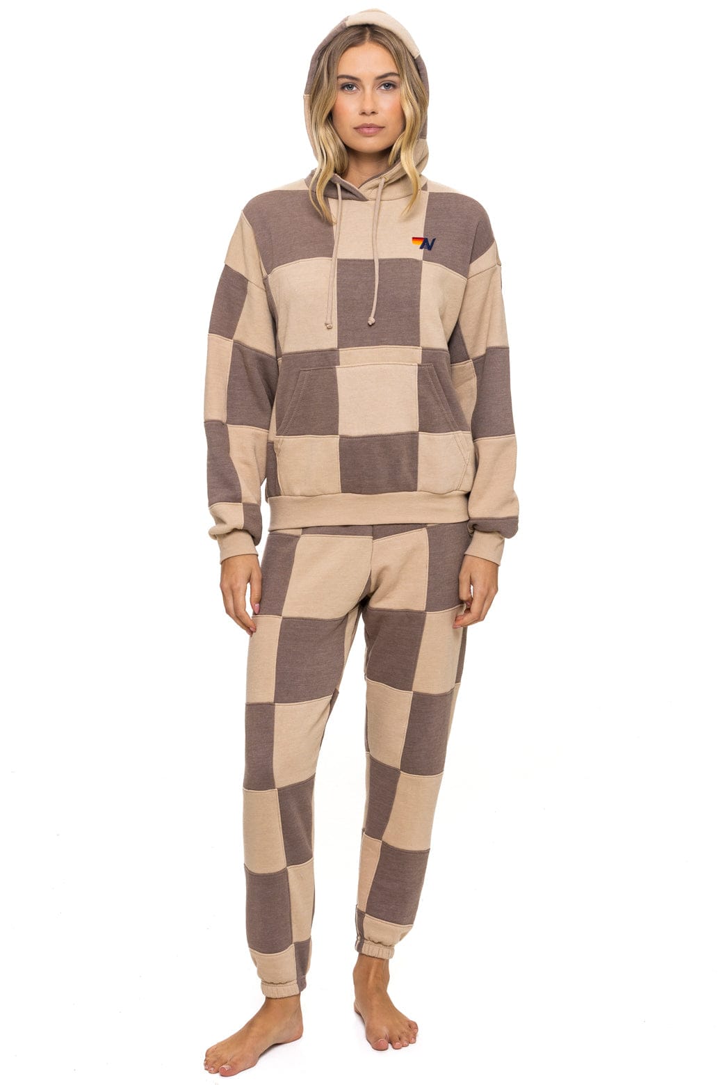 CHECK QUILT RELAXED PULLOVER HOODIE - SAND TAUPE