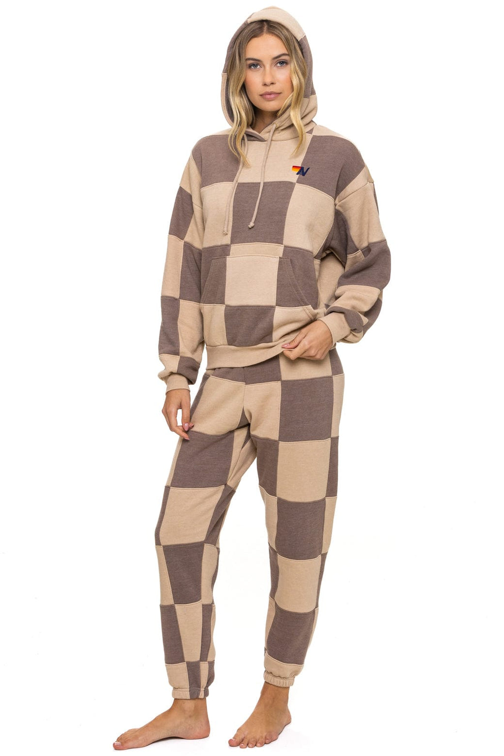 CHECK QUILT RELAXED PULLOVER HOODIE - SAND TAUPE