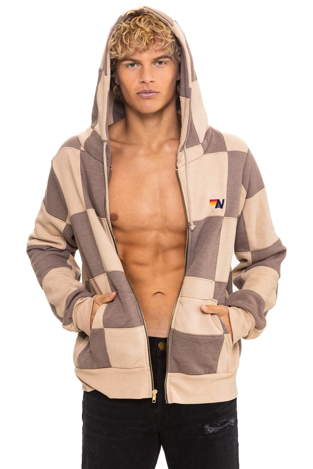 CHECK QUILT ZIP HOODIE - SAND TAUPE