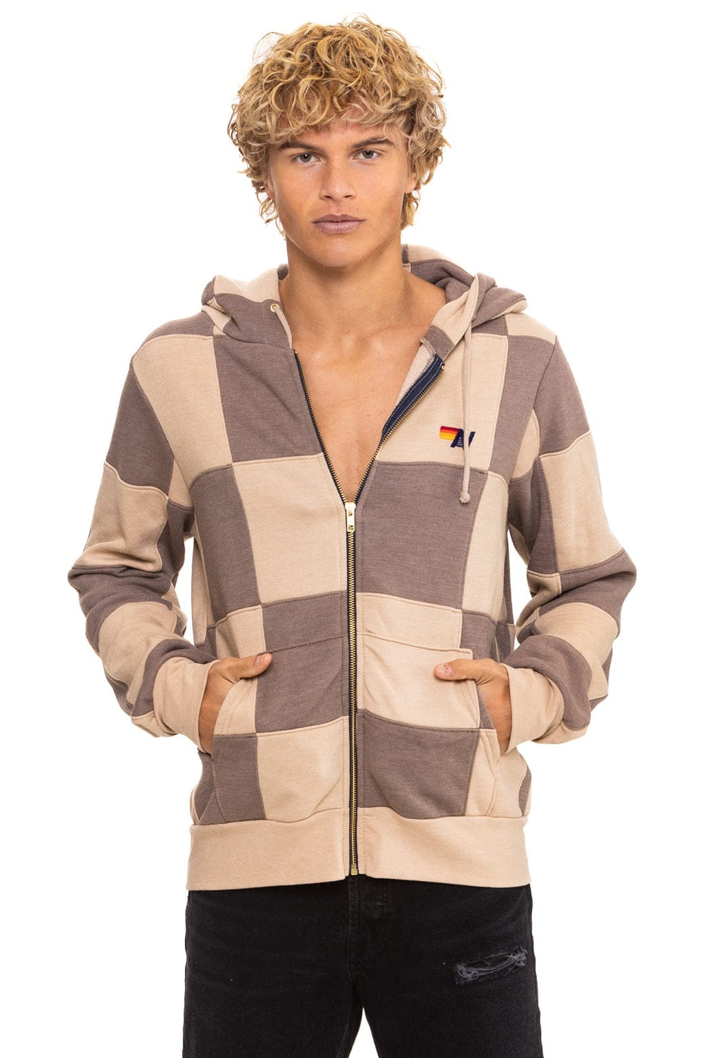 CHECK QUILT ZIP HOODIE - SAND TAUPE