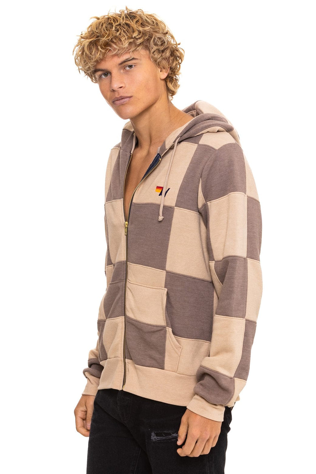 CHECK QUILT ZIP HOODIE - SAND TAUPE