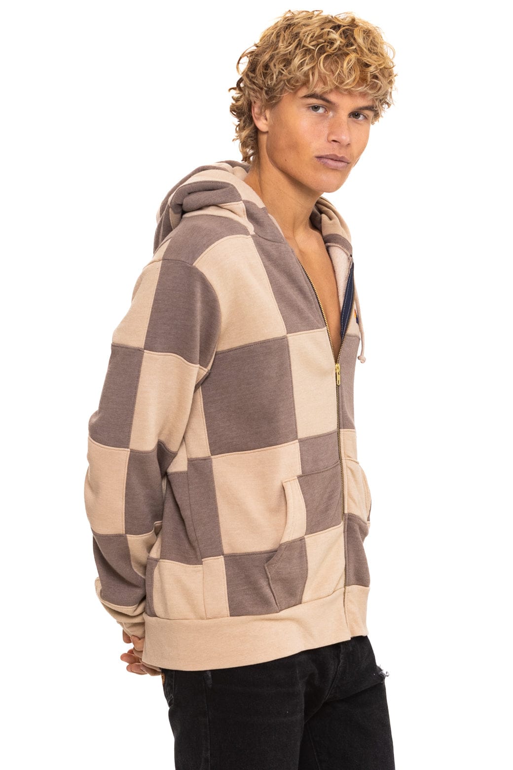 CHECK QUILT ZIP HOODIE - SAND TAUPE