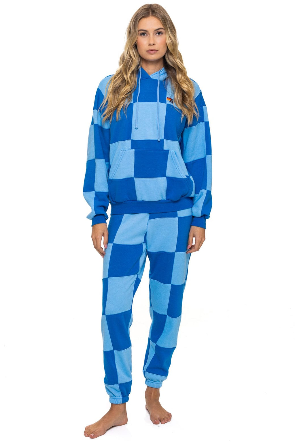 CHECK QUILT RELAXED PULLOVER HOODIE - SKY ADVENTURE BLUE