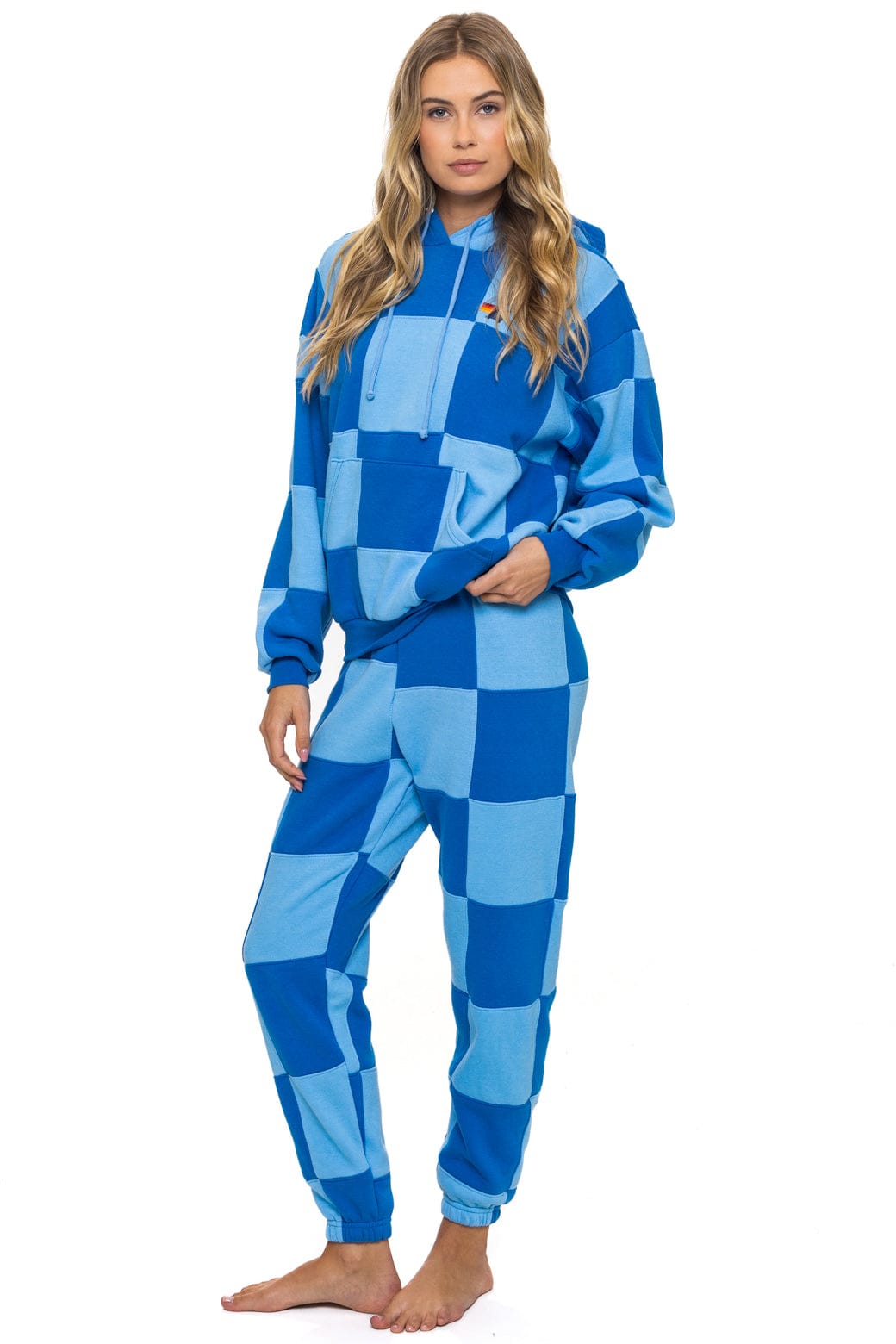 CHECK QUILT RELAXED PULLOVER HOODIE - SKY ADVENTURE BLUE