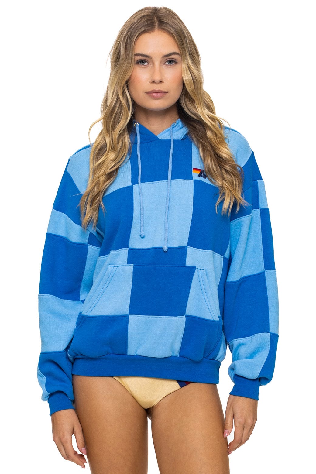 CHECK QUILT RELAXED PULLOVER HOODIE - SKY ADVENTURE BLUE