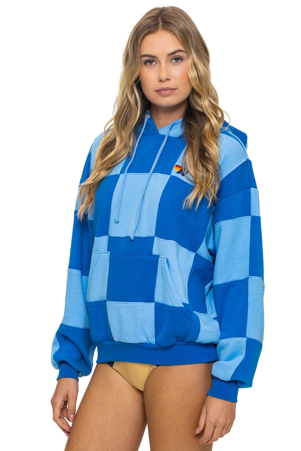 CHECK QUILT RELAXED PULLOVER HOODIE - SKY ADVENTURE BLUE