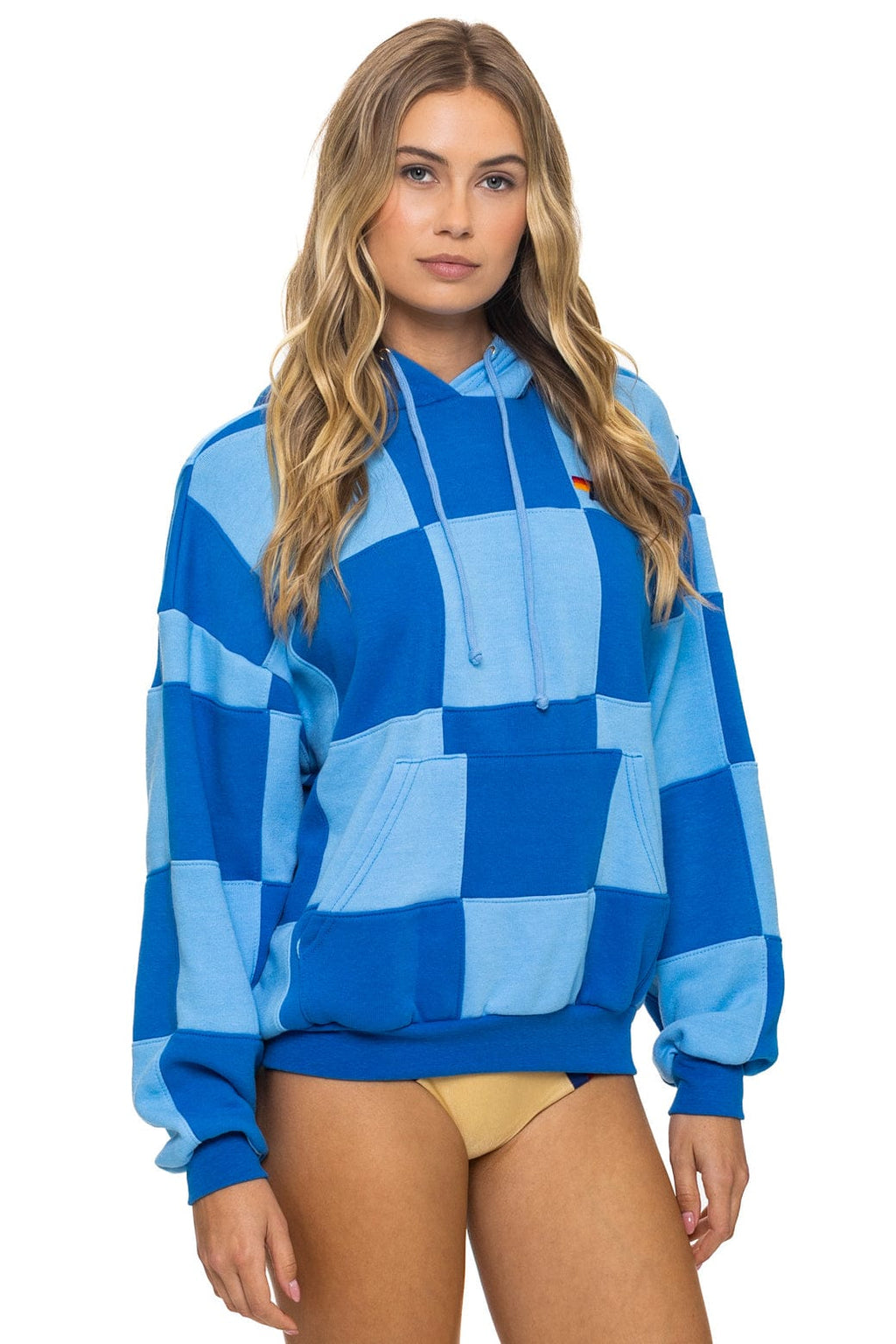 CHECK QUILT RELAXED PULLOVER HOODIE - SKY ADVENTURE BLUE