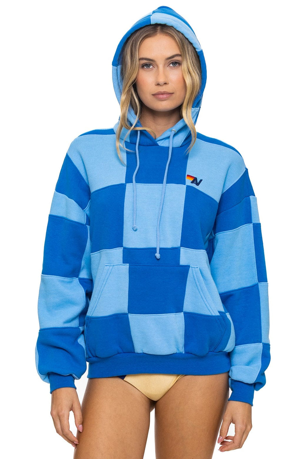 CHECK QUILT RELAXED PULLOVER HOODIE - SKY ADVENTURE BLUE